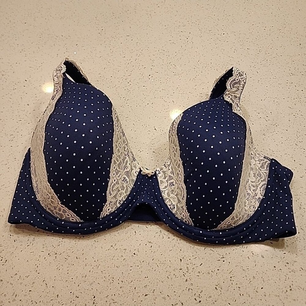 Soma Embraceable Full Coverage Lace Trim Bra 38DD Blue Polka-dot Underwire Lined